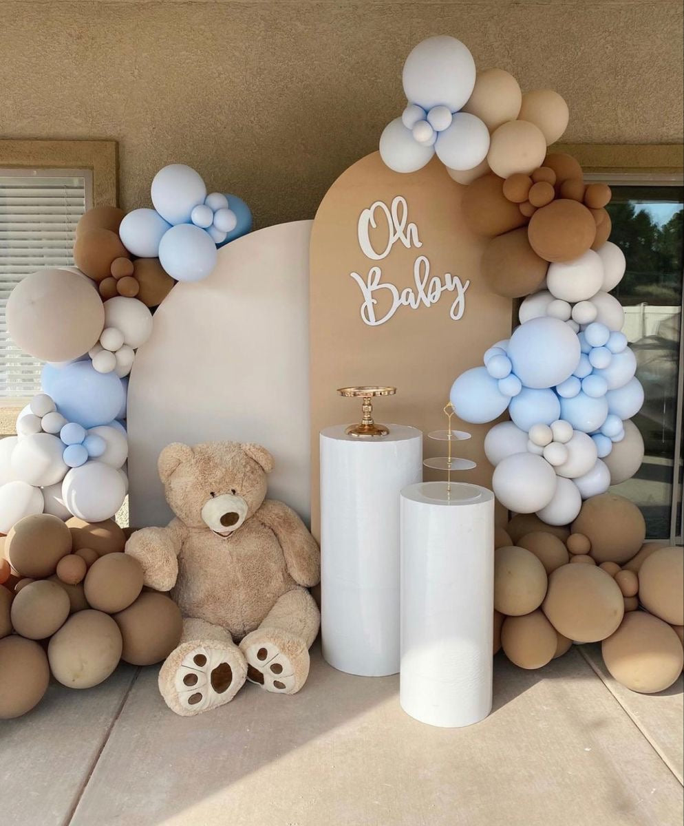 Baby shower boy decorations in blue and gold with backdrops, balloons, and tableware – YOLO Events